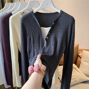 羊毛柔软圆领假两件纽扣针织开衫女长袖外穿打底毛衣外套上衣纯色