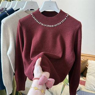 羊毛气质钉珠镶钻套头圆领针织衫女长袖纯色百搭显瘦毛衣减龄上衣
