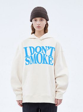 IDONTSMOKE国潮牌青少年秋冬季宽松休闲绿色字母印花连帽套头卫衣