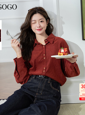 LAGOGO新年穿搭红色桃皮绒衬衫女拉谷谷2025秋冬新款气质上衣外套