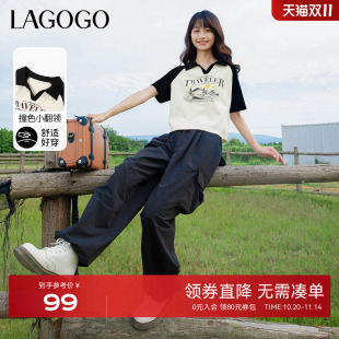 休闲透气插肩短款 新款 上衣 T恤女拉谷谷春季 LAGOGO撞色翻领短袖