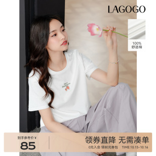 白色休闲短袖 LAGOGO圆领简约印花好看T恤女拉谷谷2025年夏季 新款
