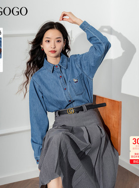 LAGOGO新年本命小马刺绣牛仔衬衫女拉谷谷春秋新款叠穿上衣外套