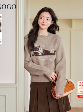LAGOGO美拉德喵影慵懒圆领针织衫女拉谷谷2025冬季新款含羊毛毛衣