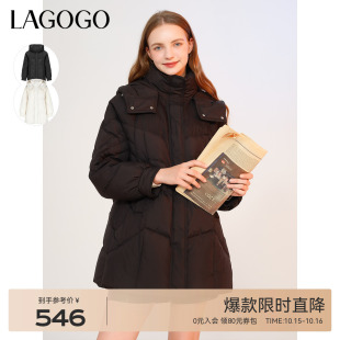 加厚高品质中长款 新款 外套 黑色连帽羽绒服女拉谷谷冬季 LAGOGO时尚