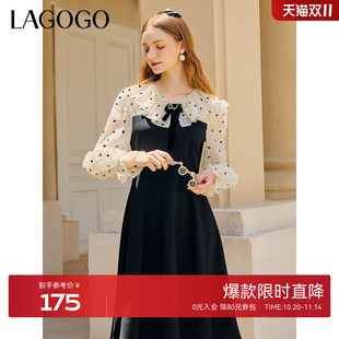 LAGOGO雪纺泡泡袖 蝴蝶结连衣裙女拉谷谷娃娃领优雅舒适拼接裙子