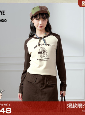 大力水手联名LAGOGO插肩袖T恤女2025冬季新款撞色上衣ODTT559D54