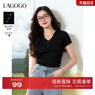 V领舒适透气短袖 新款 气质显瘦T恤女拉谷谷2025年夏季 LAGOGO修身