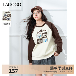 圆领套头加绒上衣 新款 LAGOGO插肩袖 撞色卫衣女拉谷谷冬季
