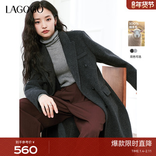 【100%羊毛】LAGOGO毛呢西服领大衣女拉谷谷冬季新款灰色外套