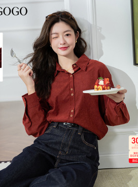 LAGOGO复古红色桃皮绒衬衫女拉谷谷2026早春新款漂亮长袖上衣外套