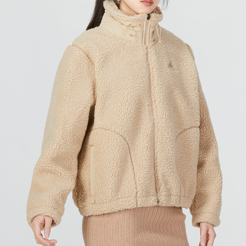 阿迪达斯外套女2023春季新款仿羊羔绒拼接保暖立领运动夹克hm7097