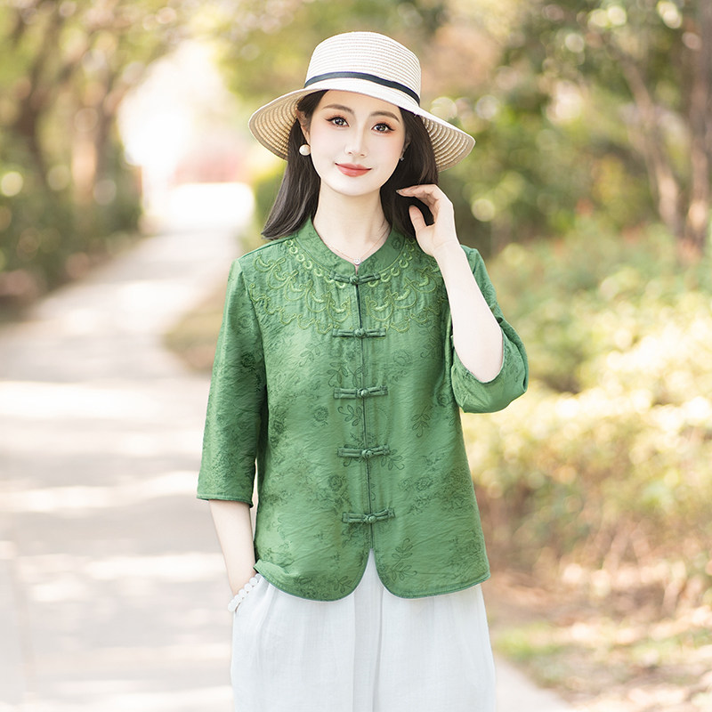 新中式立领盘扣衬衫女夏季刺绣提花七分袖国风中年妈妈上衣爱生活