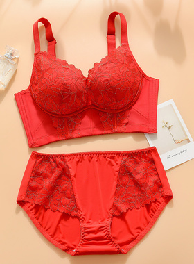 胖MM大码小胸中厚款95B内衣聚拢调整形本命年5扣大红文胸罩套装