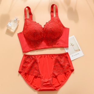 胖MM大码小胸中厚款95B内衣聚拢调整形本命年5扣大红文胸罩套装