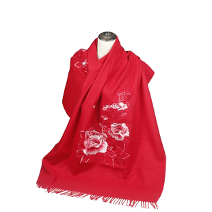 有福湘绣中国风牡丹玉兰花纯羊绒围巾保暖大披肩双面绣花苏绣蜀绣