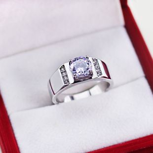 不掉色仿铂金镶莫桑钻戒指男士简约钛钢结婚礼物指环男款刻字银色