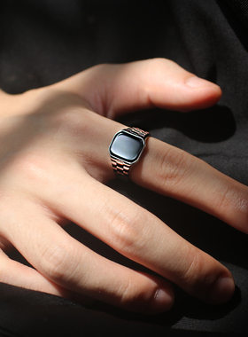 男生钛钢潮酷黑宝石戒指不掉色