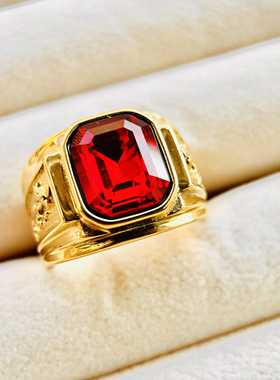 国风复古宫廷红绿宝石男士戒指越南沙金色霸气宽戒指高级时尚