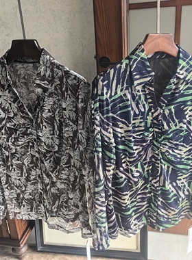 春款真丝桑蚕丝网眼前三后二女士印花翻领长袖衬衫2522