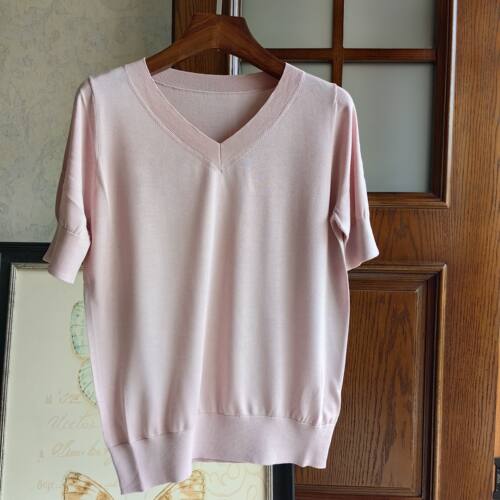 120支18针100％桑蚕丝女士V领短袖上衣T恤横机针织