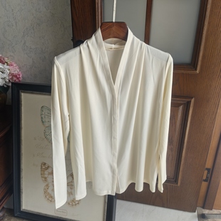 V领衬衫 法式 纯真丝针织桑蚕丝加捻女士白色长袖