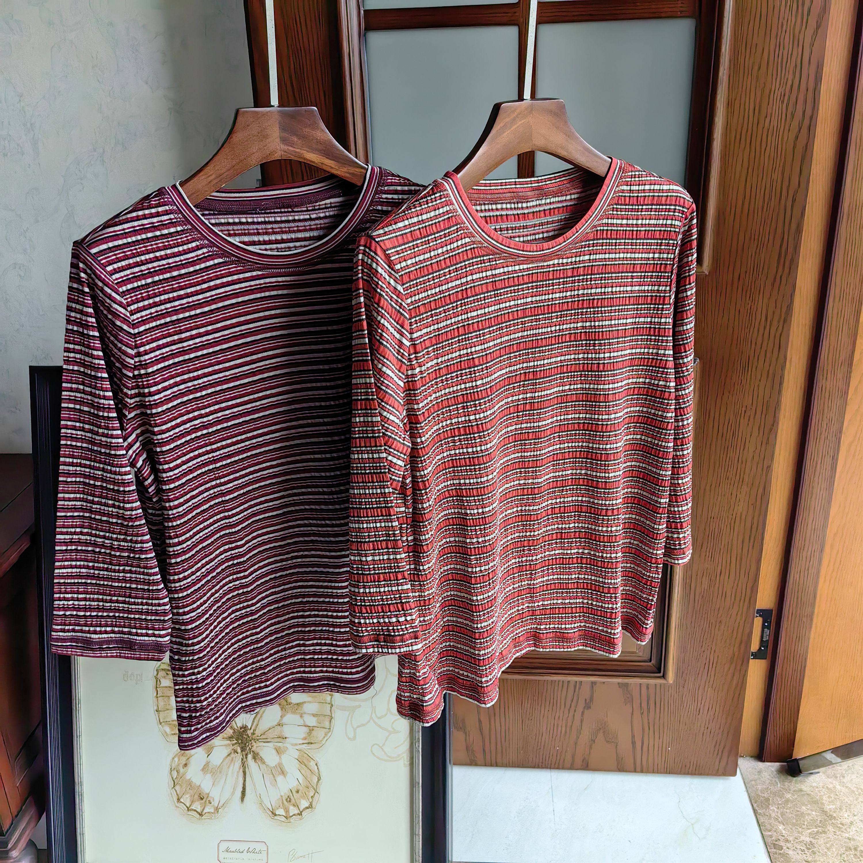 色织纯绢丝泡泡绸桑蚕丝圆领7分袖上衣T恤弹性大