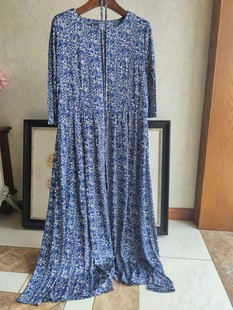 圆领大摆连衣长裙有口袋凉快 100%桑蚕丝纯真丝针织印花女士7分袖