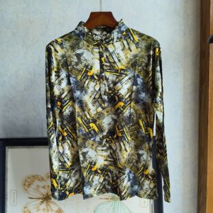 百搭长袖 复古时尚 气质桑蚕丝上衣 女2024早春新款 撞色印花真丝衬衫