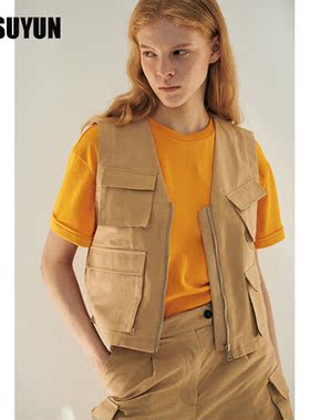 CUISUYUN秋独立设计师卡其色多口袋工装马甲