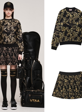 25女秋冬韩国代购UTAA高尔夫球服运动百搭图案印花针织衫百褶短裙