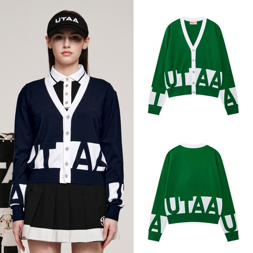 韩国代购UTAA高尔夫球服25女士冬季百搭休闲字母印花V领针织开衫