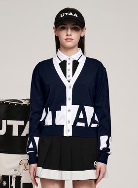 韩国代购UTAA高尔夫球服25女士冬季百搭休闲字母印花V领针织开衫