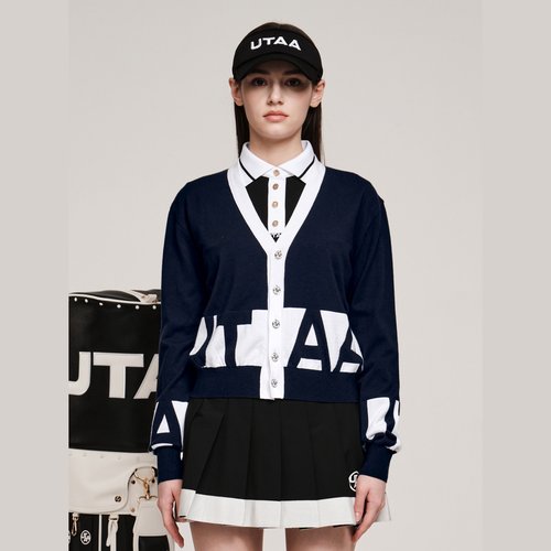 韩国代购UTAA高尔夫球服25女士冬季百搭休闲字母印花V领针织开衫