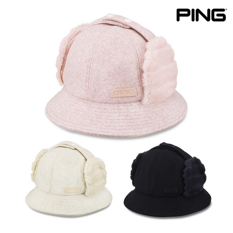 PING韩国正品代购高尔夫帽子女冬季护耳保暖粉色女性貂皮水桶帽