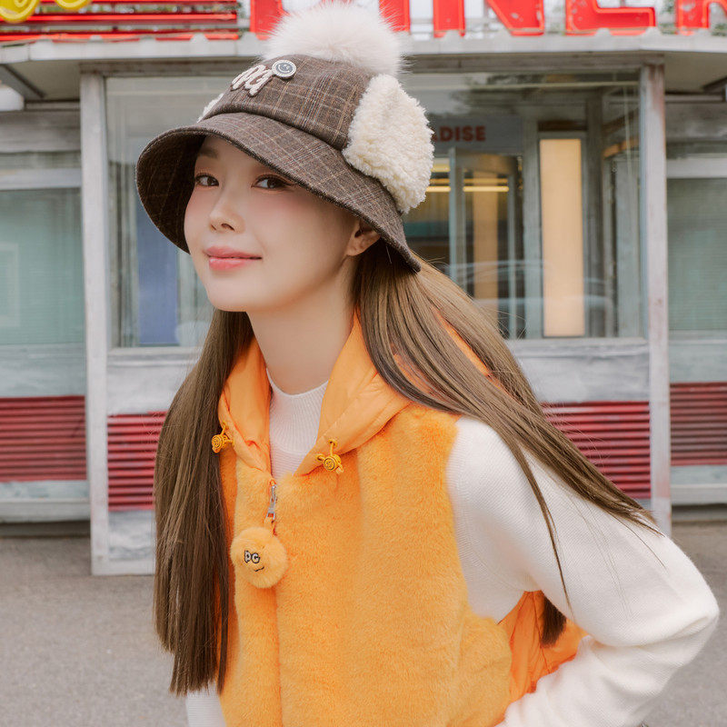 韩国代购PEARLYGATES高尔夫25秋冬女士运动毛绒保暖护耳水桶帽子