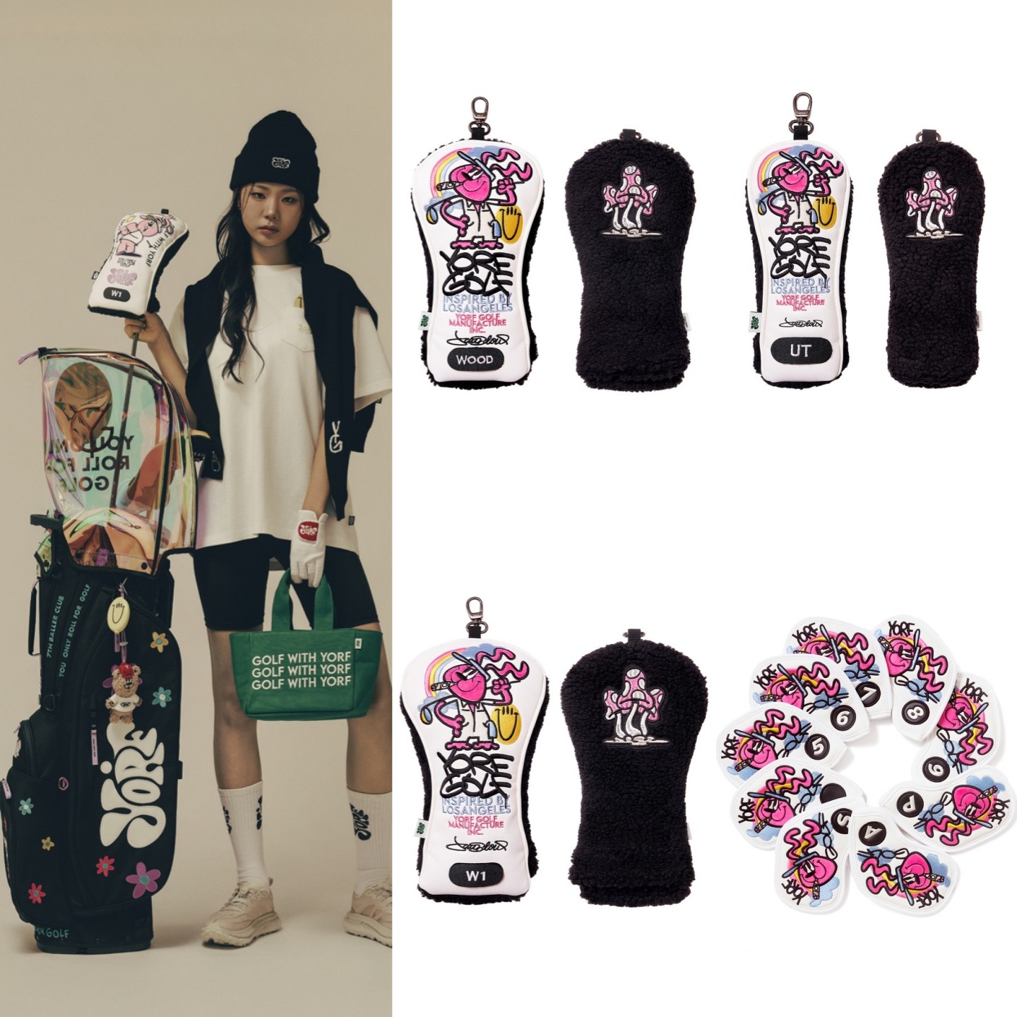 韩国代购YORF高尔夫球杆保护套卡通涂鸦一号木球道木杆头套支架包