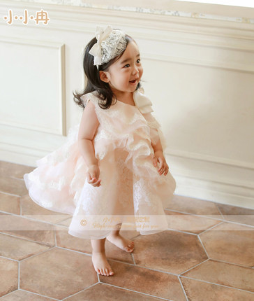 橘粉色儿童礼服宝宝贴花蕾丝连衣裙满月百天周岁生日拍照公主礼服