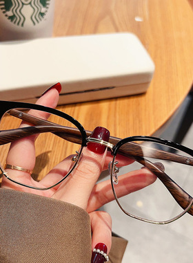 素颜黑色半框眼镜近视可配度数女高级感方圆脸适合的木纹眼睛镜架