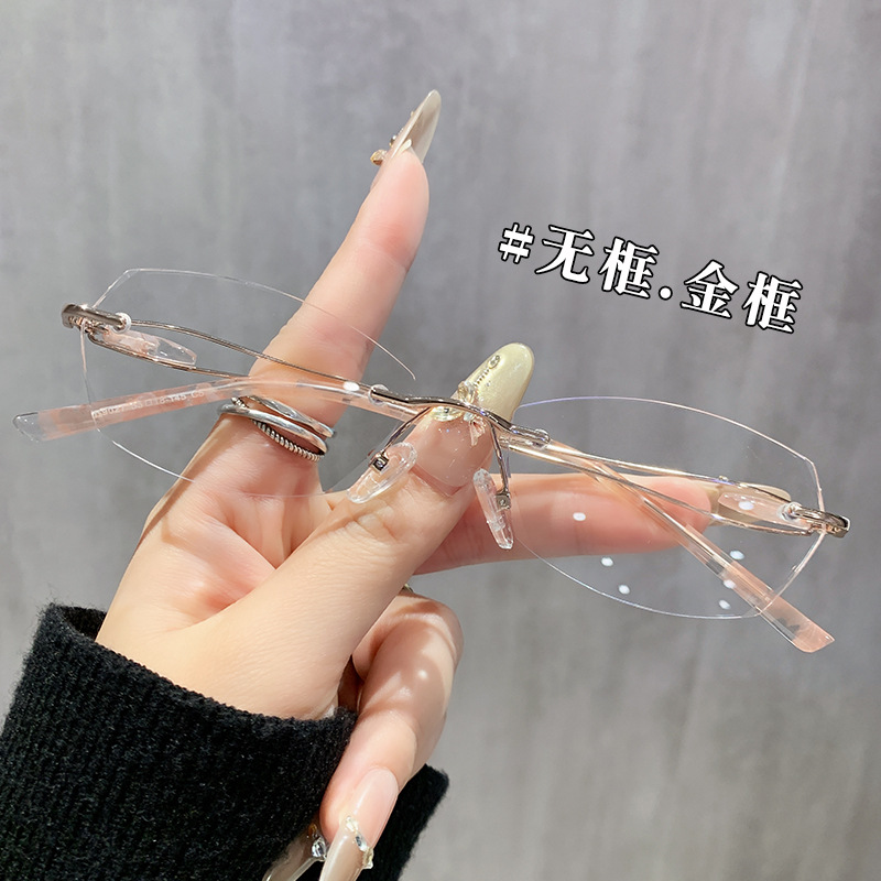 新款钻石切边无框眼镜女近视可配度数韩系金丝纯欲高智感眼镜框女