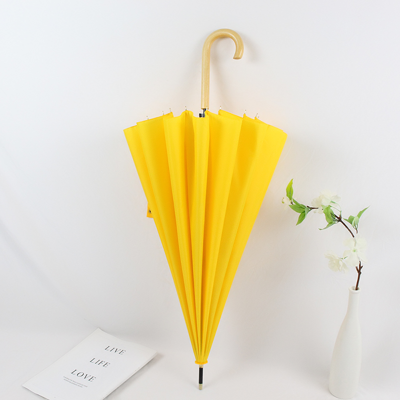 韩版长柄雨伞黄色男女直杆小清新简约木柄16骨弯柄伞自动抗风纯色
