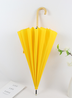 韩版长柄雨伞黄色男女直杆小清新简约木柄16骨弯柄伞自动抗风纯色
