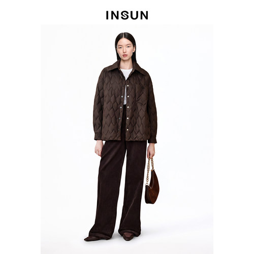 INSUN恩裳冬季菱格短款廓形鹅绒龟背羽绒服女