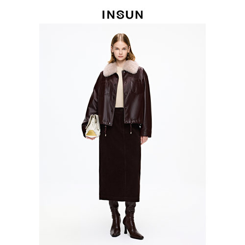 INSUN恩裳冬季可拆卸山羊绒毛领H型鹅绒皮羽绒服