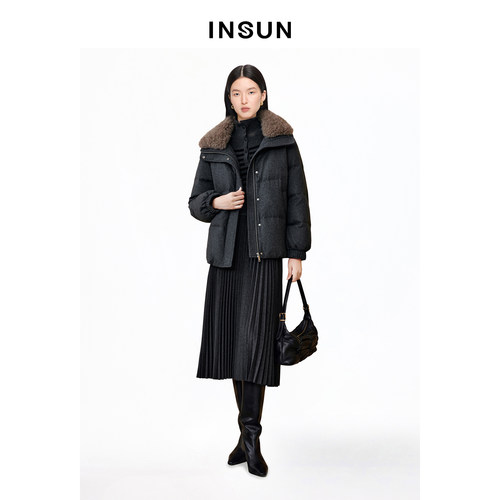 INSUN恩裳专选冬季短款鹅绒可拆卸毛领羽绒服
