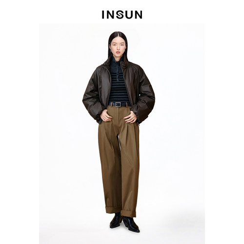 INSUN恩裳专选冬季立领抽褶短款鹅绒花苞羽绒服