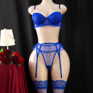 欧美风性感烫钻制服诱惑内衣套装 女配丝袜蕾丝花边纯欲透明背心潮