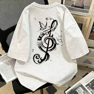 纯棉中大童短袖t恤夏季开学百搭vintage嘻哈设计音符宽松印花上衣