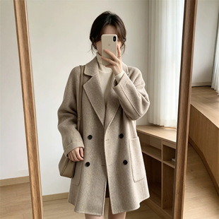 燕麦色西装领双面羊毛大衣女中长款韩系宽松小个子羊毛呢外套秋冬