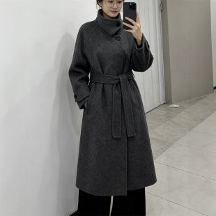 秋冬新款韩版手工双面羊毛外套女式毛呢大衣中长款立领宽松外套女